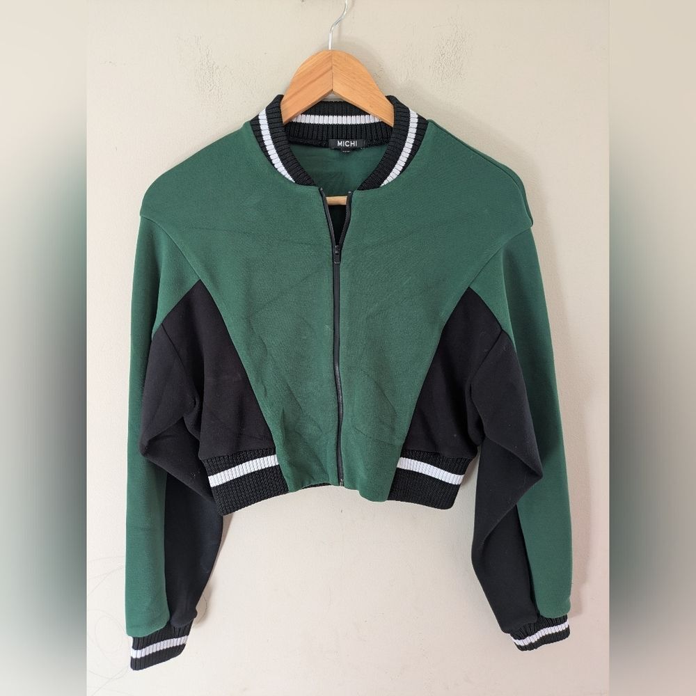 Michi Carve Green Scuba Crop Varsity Jacket Size XS